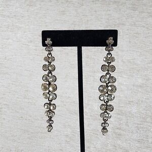 Silvertone Crystal Waterfall Style Earrings 3 1/4" Costume Glam Dark Romantic